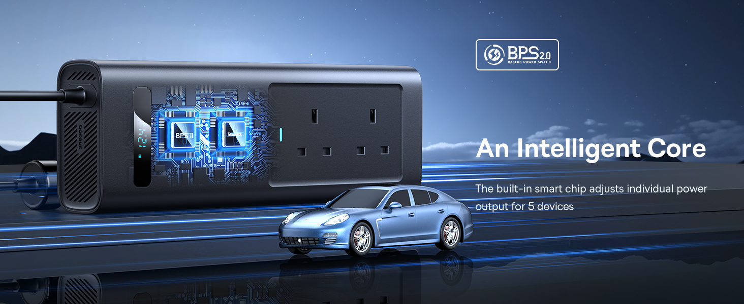 Baseus 150W car inverter for your laptops, phones, appliances. Smart display, 5 ports (1 USB-A, 2 USB-C, 2 AC Outlets),  12V DC and 200V-240V AC UK Plugs
