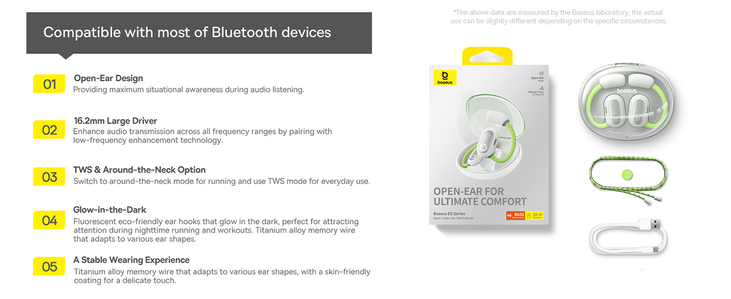 Baseus Eli Sport 1 Open-Ear Wireless Earbuds With IPX4 Waterproof, TWS, ENC Mics, & Detachable Neckband - Cosmic Black